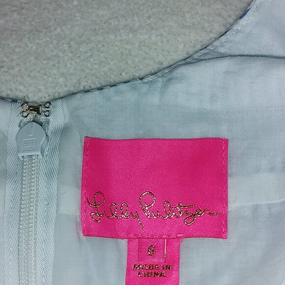 LILLY PULITZER TESSA DRESS SEERSUCKER STRIPE BLUE-WHT-LACE TRIM-TIE STRAPS SZ 6 - Picture 9 of 11